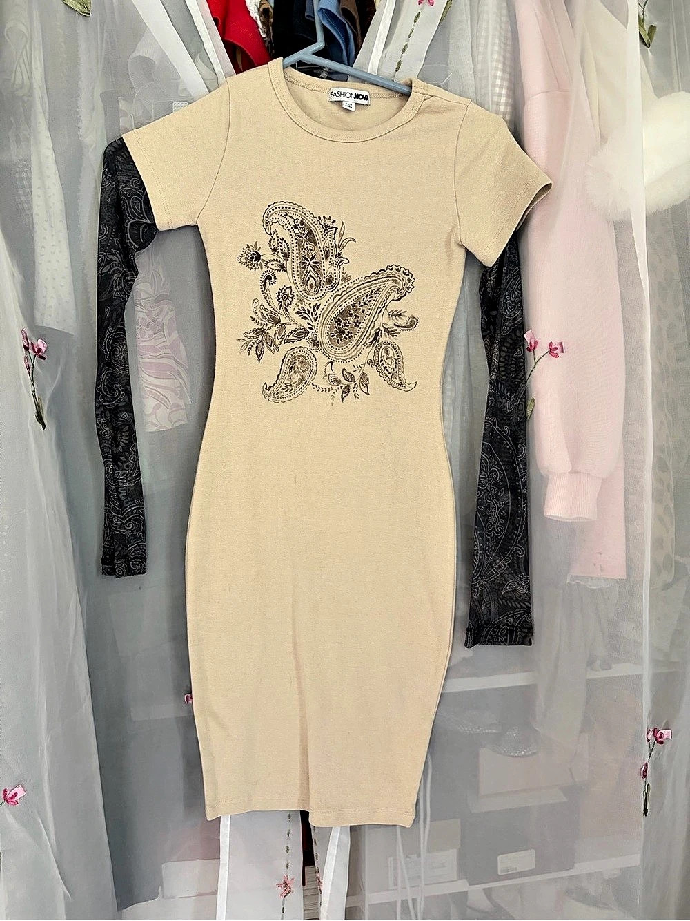 Fashion Nova XS Paisley Mini Dress in Beige & Black Like New